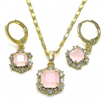Gold Finish Earring and Pendant Set with Pink Quartz Cubic Zirconia and White Micro Pave Polished Golden Tone