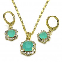 Gold Finish Earring and Pendant Set with Indian Green Cubic Zirconia and White Micro Pave Polished Golden Tone