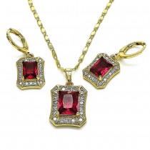 Gold Finish Earring and Pendant Set with Garnet Cubic Zirconia and White Micro Pave Polished Golden Tone