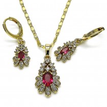 Gold Finish Earring and Pendant Set Flower and Teardrop Design with Ruby and White Cubic Zirconia Polished Golden Tone