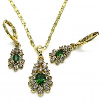 Gold Finish Earring and Pendant Set Flower and Teardrop Design with Emerald and White Cubic Zirconia Polished Golden Tone