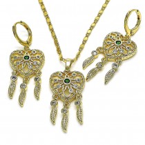 Gold Finish Earring and Pendant Set Heart and Leaf Design with Green and White Cubic Zirconia Polished Golden Tone