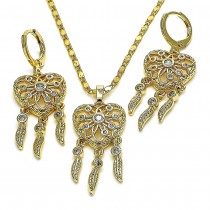 Gold Finish Earring and Pendant Set Heart and Leaf Design with White Cubic Zirconia Polished Golden Tone