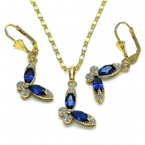 Gold Finish Earring and Pendant Set Butterfly Design with Blue Cubic Zirconia and White Micro Pave Polished Golden Tone