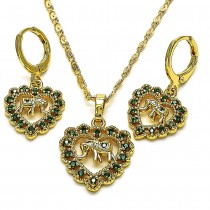 Gold Finish Earring and Pendant Set Heart and Elephant Design with Green Cubic Zirconia Polished Golden Tone