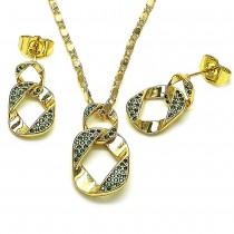 Gold Finish Earring and Pendant Set with Green Micro Pave Polished Golden Tone
