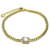 Gold Finish Fancy Bracelet Miami Cuban Design with White Cubic Zirconia and White Micro Pave Polished Golden Tone