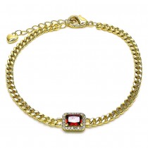 Gold Finish Fancy Bracelet Miami Cuban Design with Garnet Cubic Zirconia and White Micro Pave Polished Golden Tone