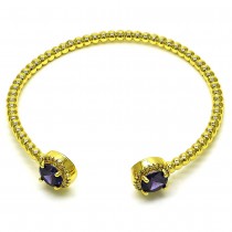 Gold Finish Individual Bangle with Dark Amethyst Cubic Zirconia and White Micro Pave Polished Golden Tone