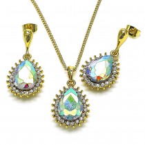 Gold Finish Earring and Pendant Adult Set Teardrop Design with Aurore Boreale and White Crystal Polished Golden Tone
