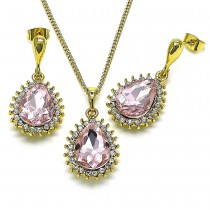 Gold Finish Earring and Pendant Set Teardrop Design with Pink and White Crystal Polished Golden Tone