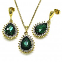 Gold Finish Earring and Pendant Set Teardrop Design with Green and White Crystal Polished Golden Tone