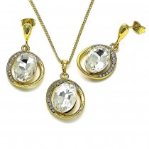Gold Finish Earring and Pendant Set with White Crystal Polished Golden Tone