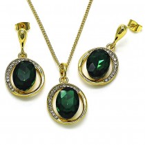 Gold Finish Earring and Pendant Set with Emerald and Crystal Crystal Polished Golden Tone