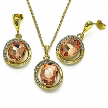 Gold Finish Earring and Pendant Set with Light Peach and Crystal Crystal Polished Golden Tone