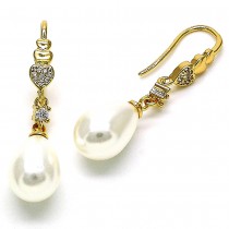 Gold Finish Long Earring Heart and Teardrop Design with Ivory Pearl and White Micro Pave Polished Golden Tone
