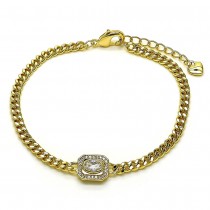 Gold Finish Fancy Bracelet Miami Cuban Design with White Cubic Zirconia and White Micro Pave Polished Golden Tone