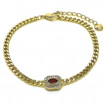 Gold Finish Fancy Bracelet Miami Cuban Design with Garnet Cubic Zirconia and White Micro Pave Polished Golden Tone