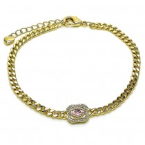 Gold Finish Fancy Bracelet Miami Cuban Design with Pink Cubic Zirconia and White Micro Pave Polished Golden Tone