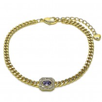 Gold Finish Fancy Bracelet Miami Cuban Design with Amethyst Cubic Zirconia and White Micro Pave Polished Golden Tone