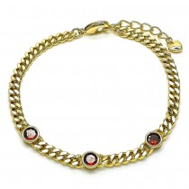 Gold Finish Fancy Bracelet Miami Cuban Design with Garnet Cubic Zirconia Polished Golden Tone