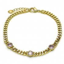 Gold Filled Fancy Bracelet Miami Cuban Design with Pink Cubic Zirconia Polished Golden Tone
