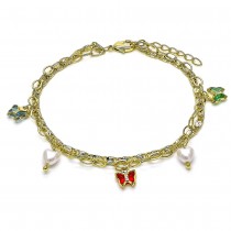 Gold Finish Charm Bracelet Heart and Butterfly Design with Multicolor Crystal and Ivory Pearl Polished Golden Tone