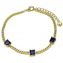 Gold Finish Fancy Bracelet Miami Cuban Design with Sapphire Blue Cubic Zirconia Polished Golden Tone