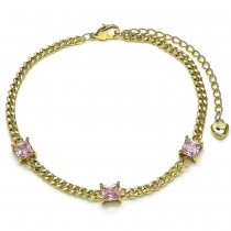 Gold Finish Fancy Bracelet Miami Cuban Design with Pink Cubic Zirconia Polished Golden Tone