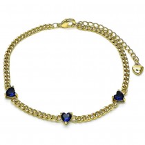 Gold Finish Fancy Bracelet Heart and Miami Cuban Design with Sapphire Blue Cubic Zirconia Polished Golden Tone