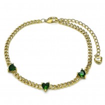 Gold Finish Fancy Bracelet Heart and Miami Cuban Design with Green Cubic Zirconia Polished Golden Tone