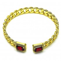 Gold Finish Individual Bangle Miami Cuban Design with Garnet Cubic Zirconia and White Micro Pave Polished Golden Tone