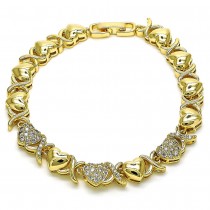 Gold Filled Fancy Bracelet Hugs and Kisses and Heart Design with White Micro Pave Polished,Golden Finish 8 MM Thickness 7 Inches Length