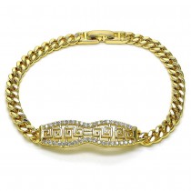 Gold Finish Fancy Bracelet Greek Key and Miami Cuban Design with White Micro Pave Polished Golden Tone