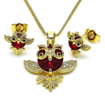 Gold Finish Earring and Pendant Set Owl Design with Garnet Cubic Zirconia and White Micro Pave Polished Golden Tone