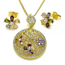 Gold Finish Earring and Pendant Set Leaf and Flower Design with Multicolor Cubic Zirconia and White Micro Pave Polished Golden Tone