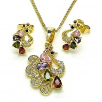 Gold Finish Earring and Pendant Set Swan Design with Multicolor and Black Cubic Zirconia Polished Golden Tone