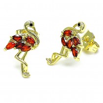 Gold Finish Stud Earring with Garnet Cubic Zirconia and Black Micro Pave Polished Golden Tone