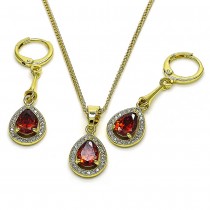 Gold Finish Earring and Pendant Set Teardrop Design with Garnet Cubic Zirconia and White Micro Pave Polished Golden Tone
