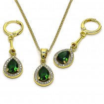 Gold Finish Earring and Pendant Set Teardrop Design with Green Cubic Zirconia and White Micro Pave Polished Golden Tone