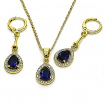 Gold Finish Earring and Pendant Set Teardrop Design with Sapphire Blue Cubic Zirconia and White Micro Pave Polished Golden Tone