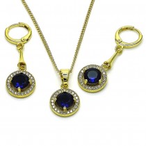 Gold Finish Earring and Pendant Set Round Design with Blue Cubic Zirconia and White Micro Pave Polished Golden Tone