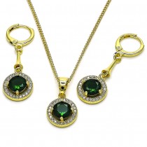 Gold Finish Earring and Pendant Set Round Design with Green Cubic Zirconia and White Micro Pave Polished Golden Tone