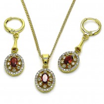 Gold Finish Earring and Pendant Set with Garnet Cubic Zirconia and White Micro Pave Polished Golden Tone
