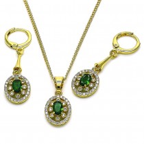 Gold Finish Earring and Pendant Set Oval Design with Green Cubic Zirconia and White Micro Pave Polished Golden Tone