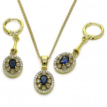 Gold Finish Earring and Pendant Set Oval Design with Sapphire Blue Cubic Zirconia and White Micro Pave Polished Golden Tone