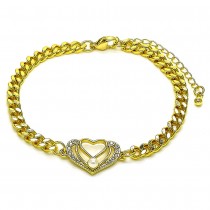 Gold Finish Fancy Bracelet Heart Design with Ivory Pearl and White Micro Pave Polished Golden Tone