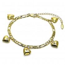 Gold Finish Charm Anklet Heart Design Polished Golden Tone