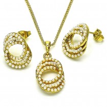 Gold Finish Earring and Pendant Adult Set with Ivory Pearl Polished Golden Tone