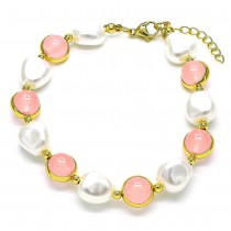 Gold Finish Fancy Bracelet Ball and Heart Design with Ivory Pearl and Pink Crystal Polished Golden Tone